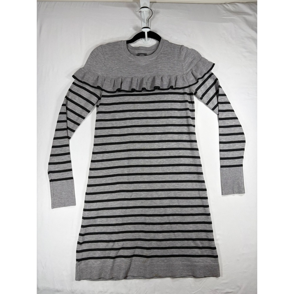 Vince Camuto Sweater Dress Womens Small Grey Black Striped Excellent Ruffle Trim